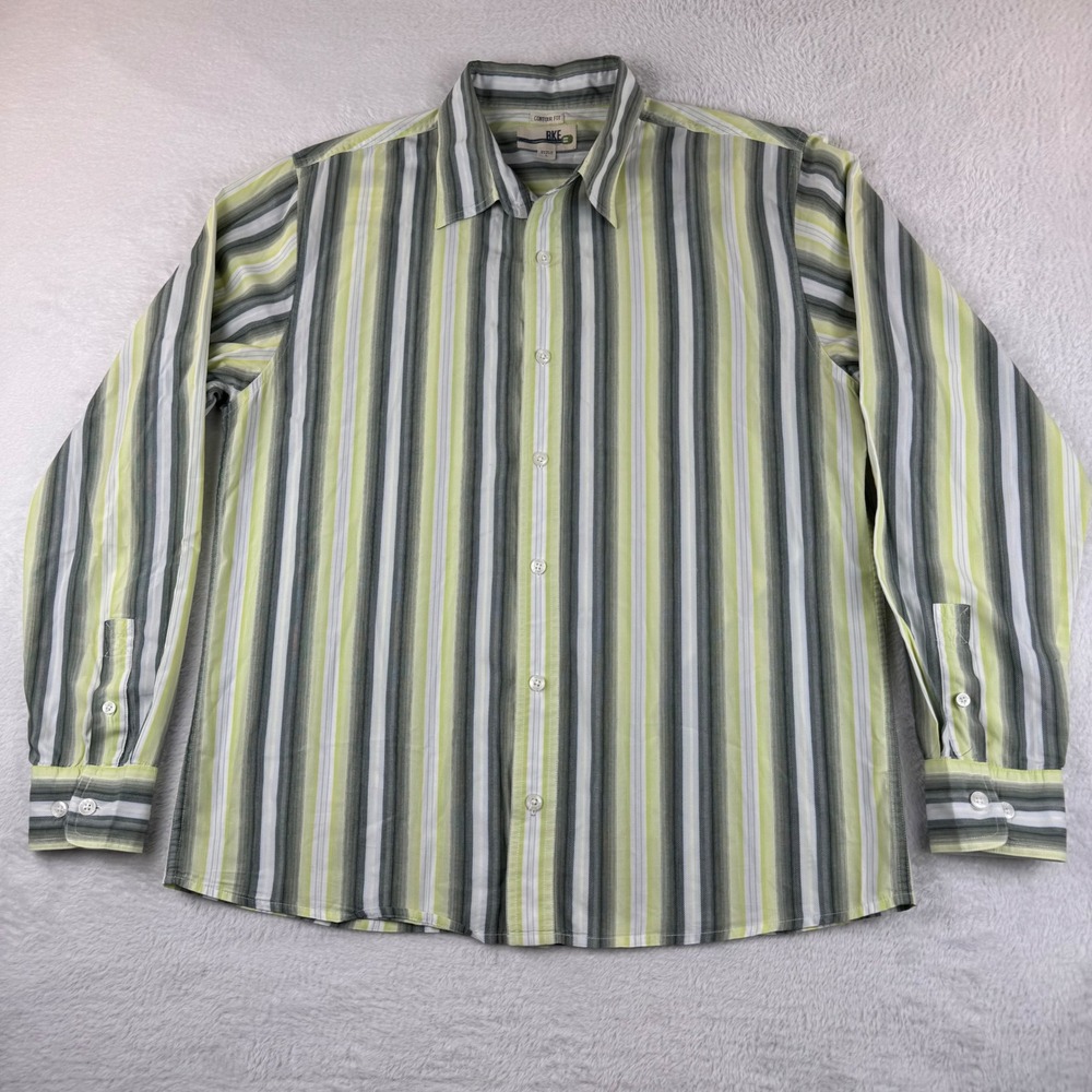 BKE Button Down Shirt Mens Large Green Grey Striped Contour Fit Vertical Stripe